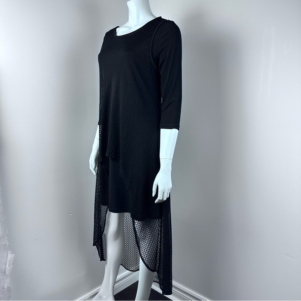 Simon Chang Black Mesh High-Low Dress Medium with Three-Quarter Sleeves - Picture 3 of 10